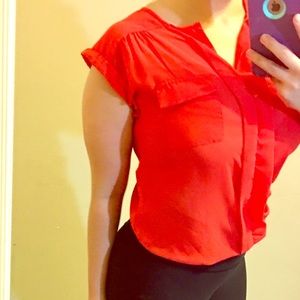 Bright Coral Sheer cinched waist Top!